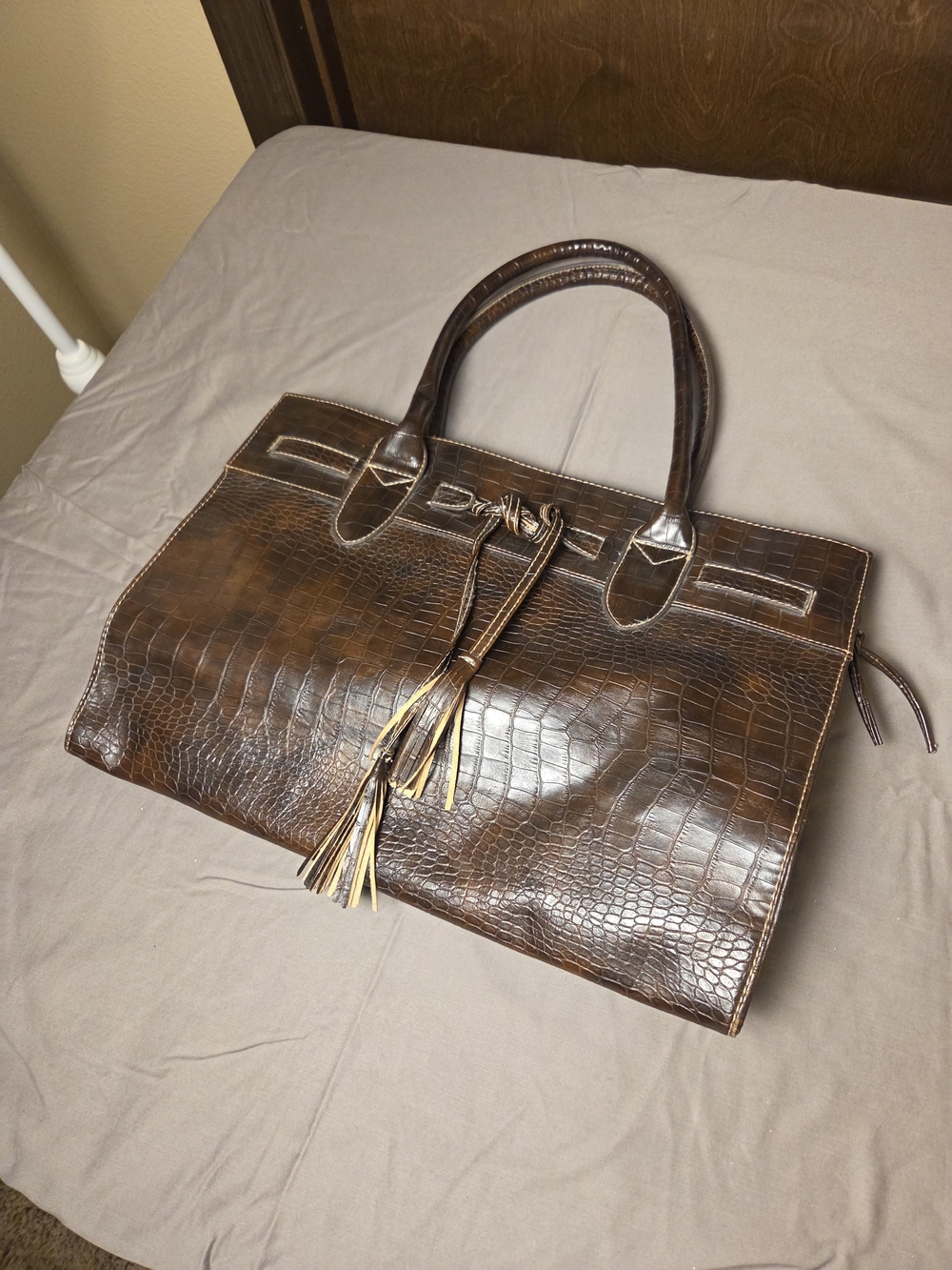 Classic Croc-Embossed Brown Leather Tote Bag